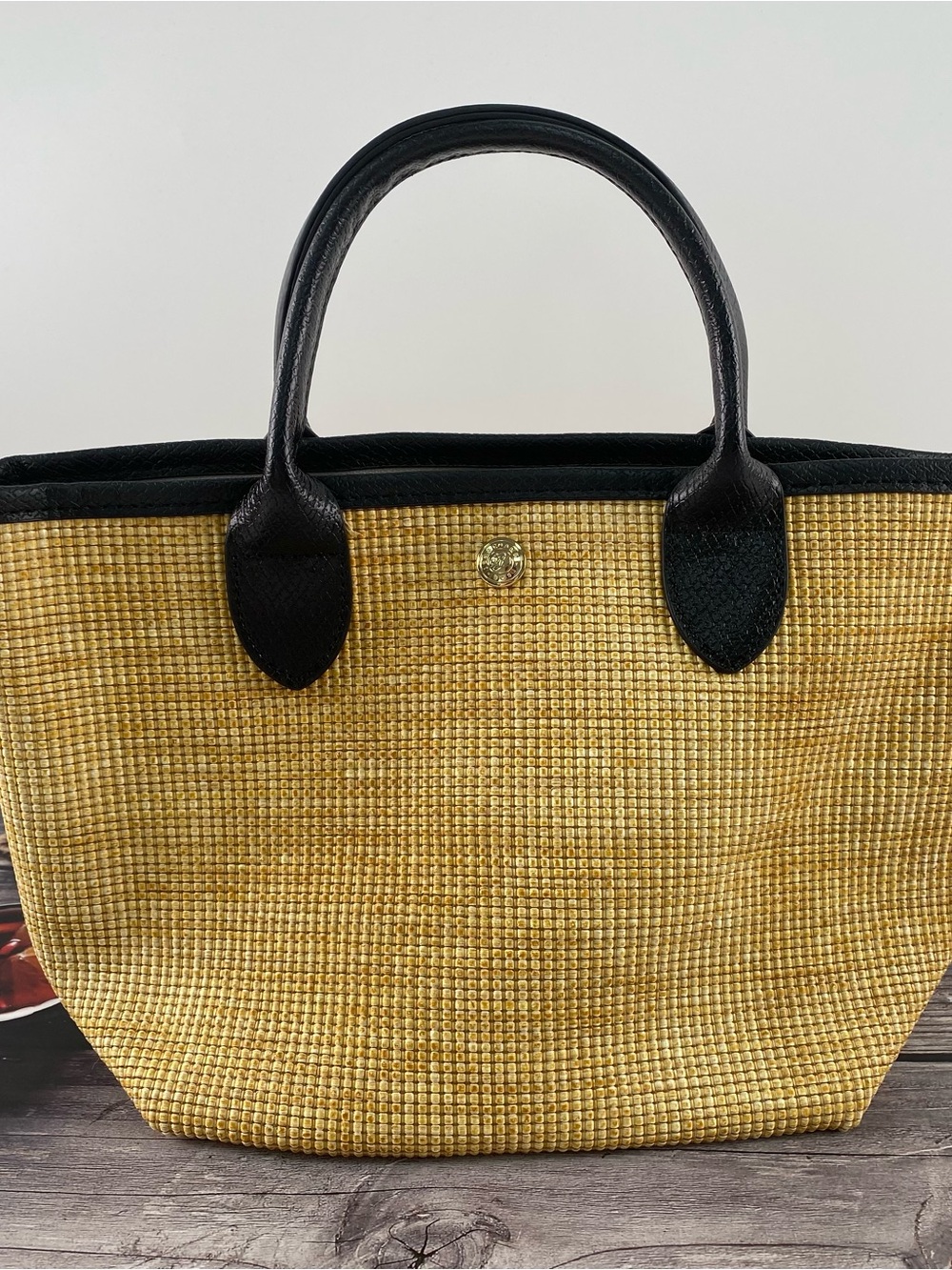 Woven Straw Tote with Black Leather Trim and Horse Motif - Picture 3 of 5